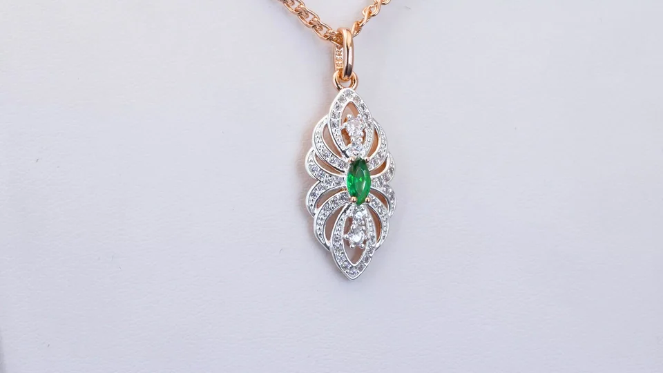 Marjon, bijuteriya, pushti tilla yugurtirilgan, yashil tosh, rasm 7
