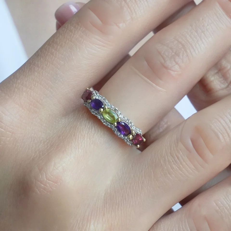 Uzuk Kumush 925 Afrika Ametisti Granat Peridot Rodolit Oq Topaz (tilla yugurtirilgan), rasm 3