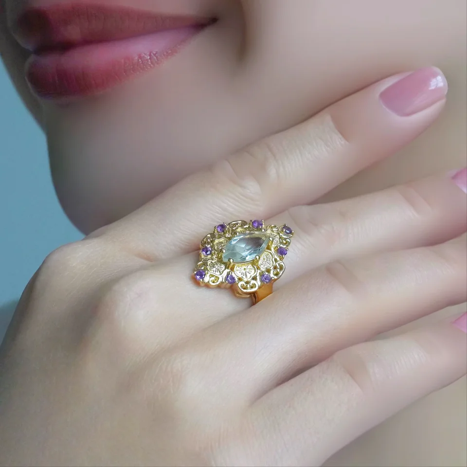 Кольцо из серебра 925 с зеленым аметистом и африканским аметистом, позолота, фото 3