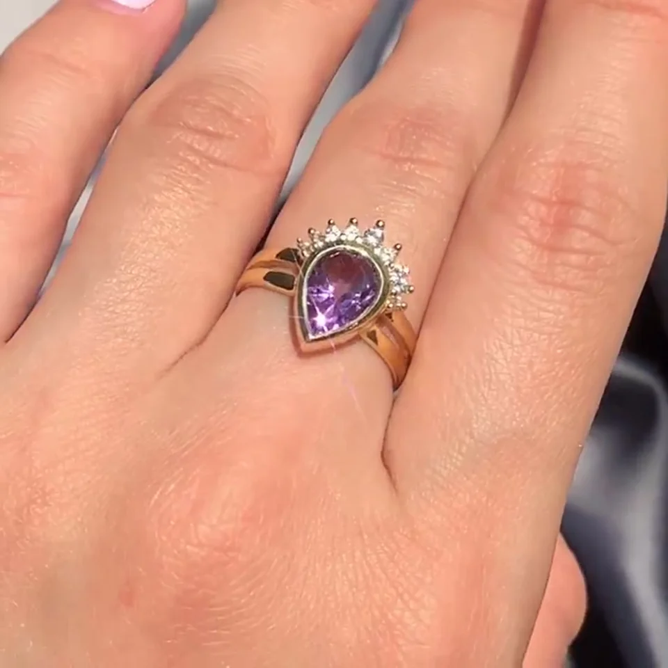 Uzuk Kumush 925 Braziliya Ametisti Oq Topaz (tilla yugurtirilgan), rasm 5