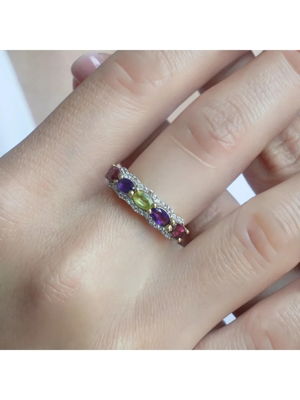 Uzuk Kumush 925 Afrika Ametisti Granat Peridot Rodolit Oq Topaz (tilla yugurtirilgan), rasm 8