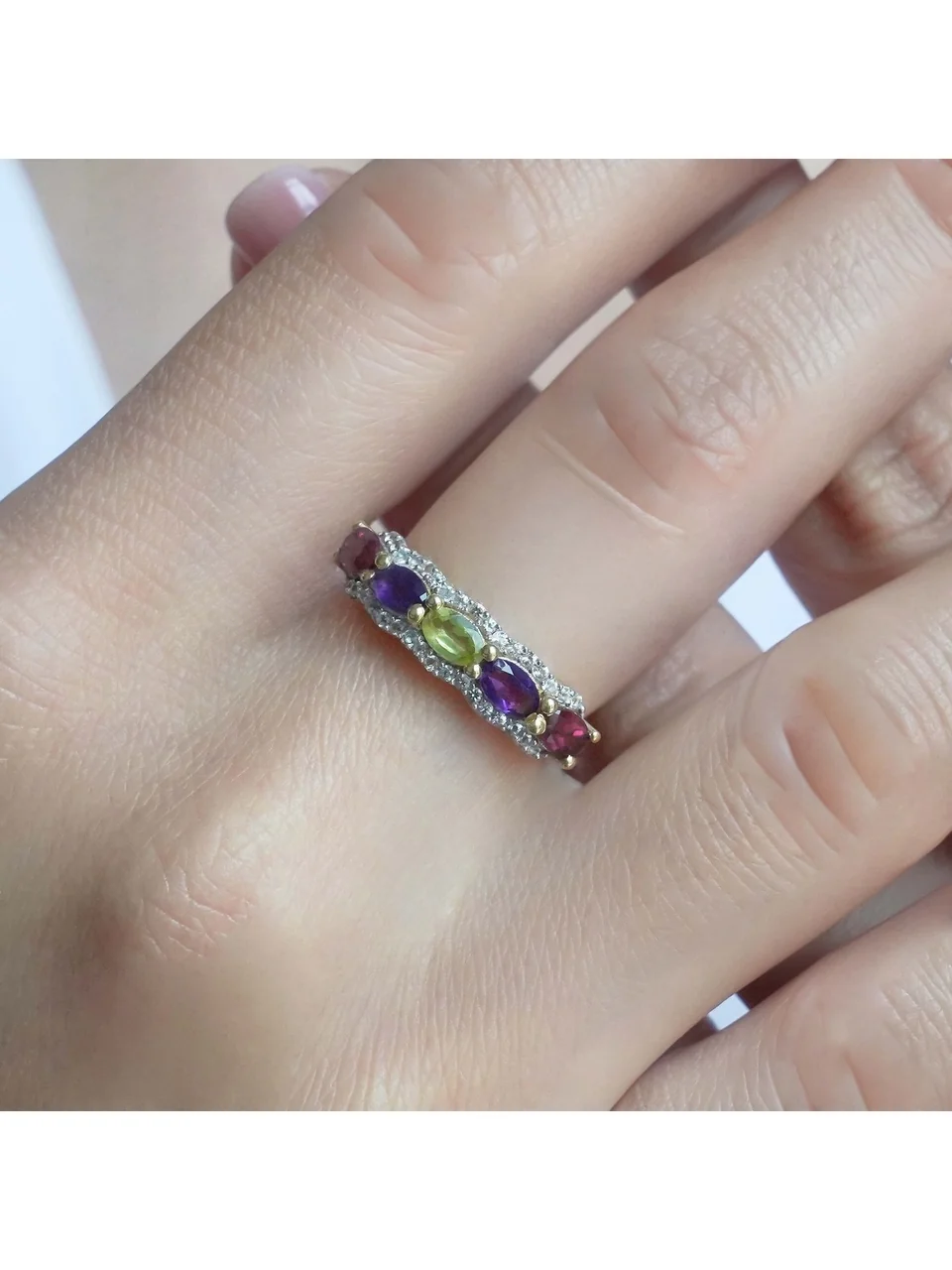 Uzuk Kumush 925 Afrika Ametisti Granat Peridot Rodolit Oq Topaz (tilla yugurtirilgan), rasm 9