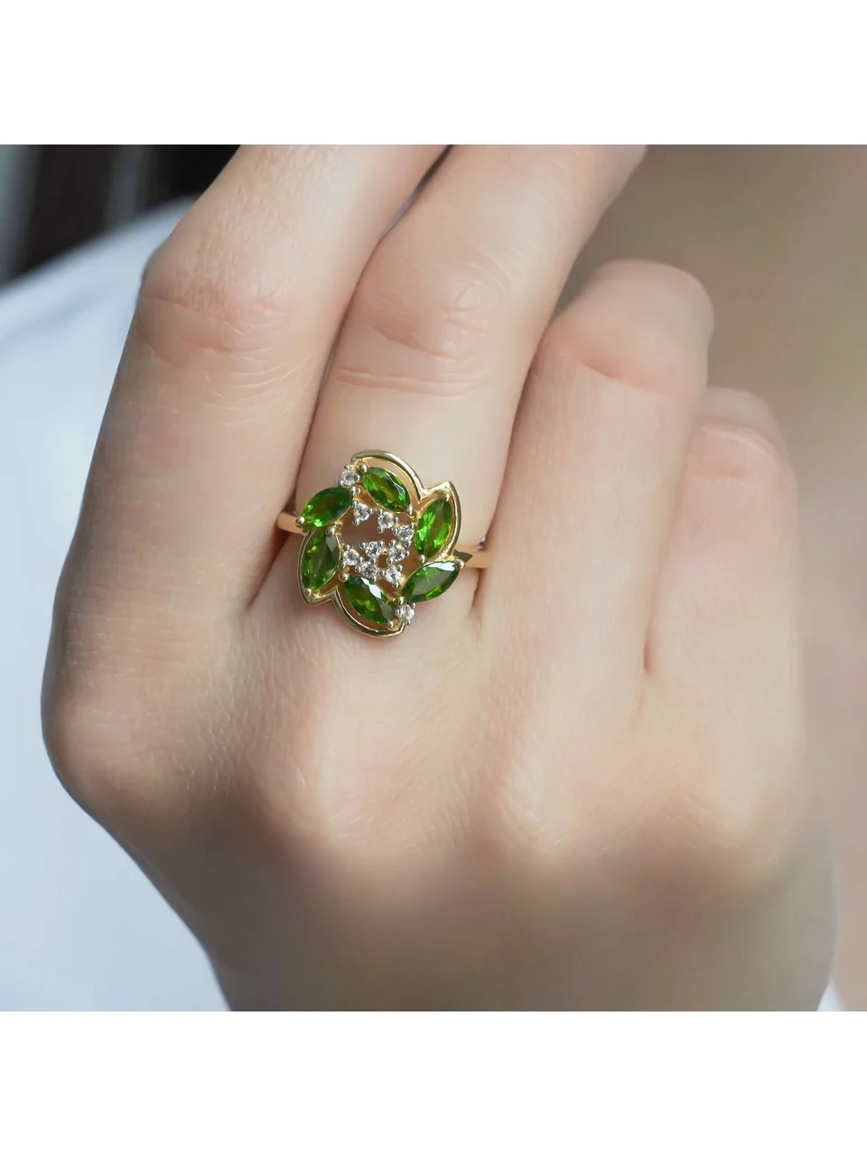 Кольцо из серебра 925 с хромдиопсидом и белым топазом, позолота, фото 5