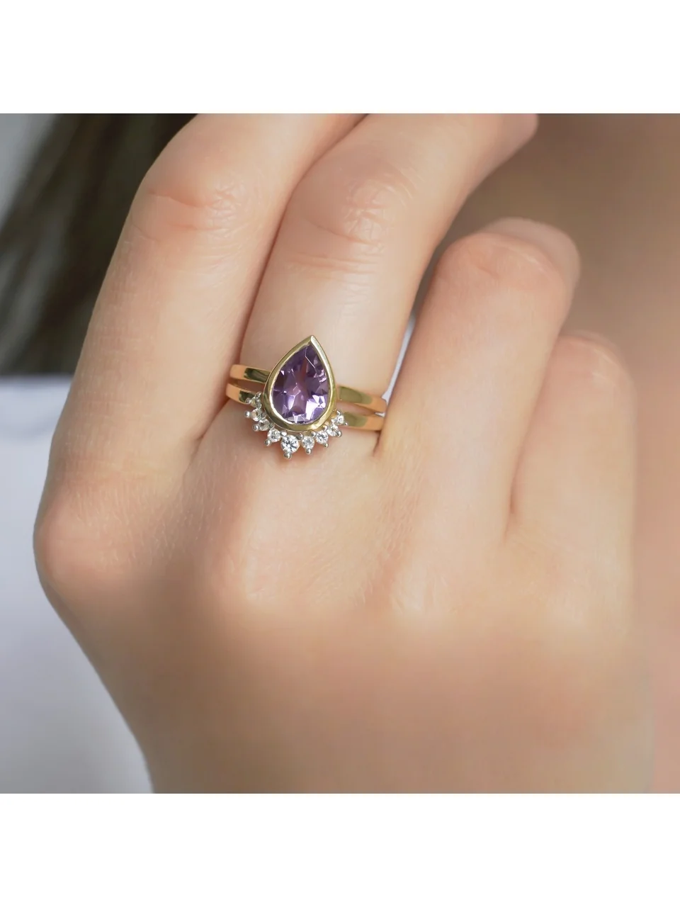 Uzuk Kumush 925 Braziliya Ametisti Oq Topaz (tilla yugurtirilgan), rasm 7