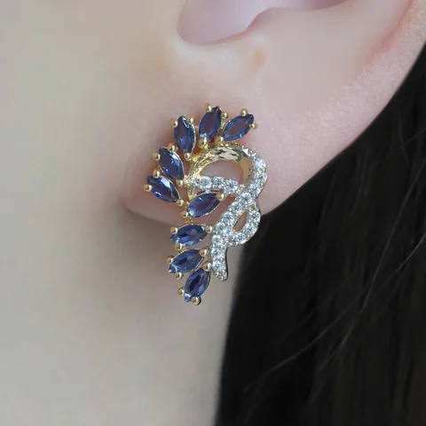 Серьги из серебра 925 с сапфиром и фианитом, позолота