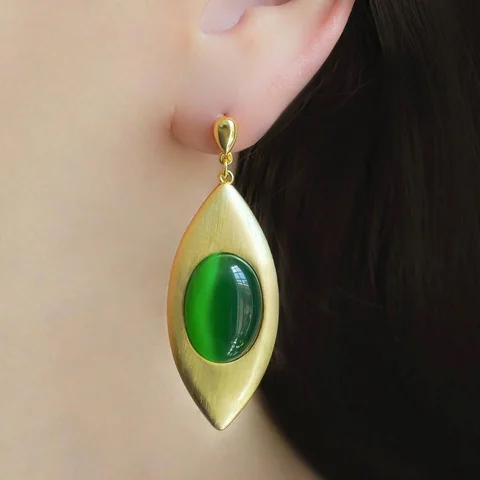 Серьги из сплава с кошачьим глазом и линде, позолота 18K желтое золото