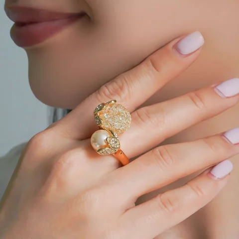 Кольцо бижутерия с жемчугом, позолота 18K