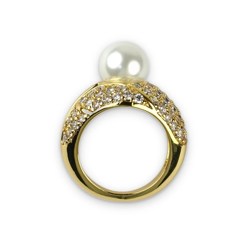 Кольцо бижутерия с фианитом и имитацией жемчуга, позолота 18K, фото 6