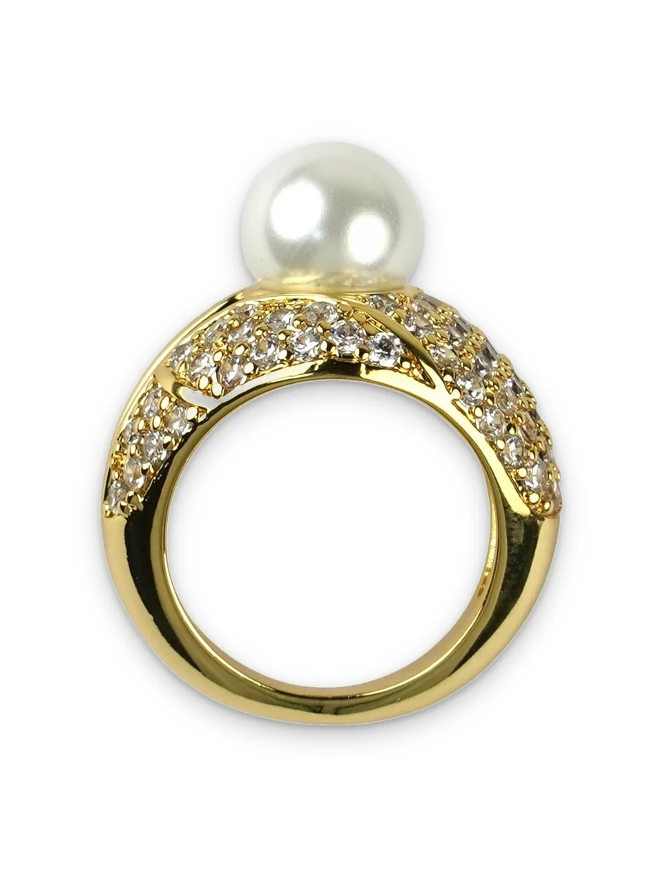 Кольцо бижутерия с фианитом и имитацией жемчуга, позолота 18K, фото 7