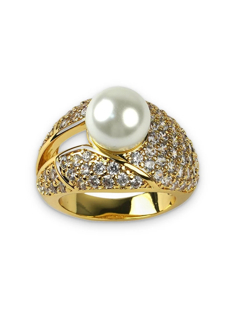 Кольцо бижутерия с фианитом и имитацией жемчуга, позолота 18K, фото 8