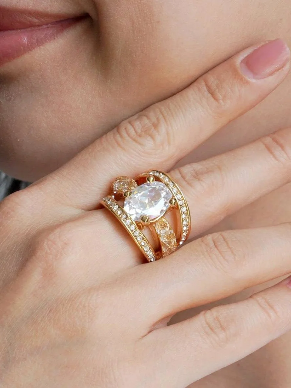 Кольцо бижутерия с кристаллом, позолота 18K, фото 4