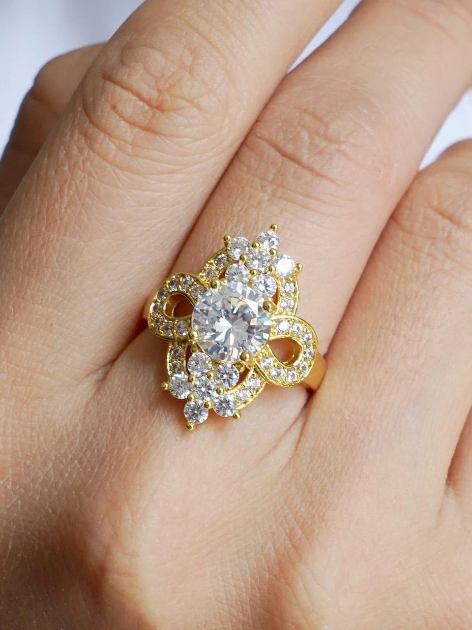 Кольцо бижутерия с фианитом, позолота 18K желтого цвета, фото 5