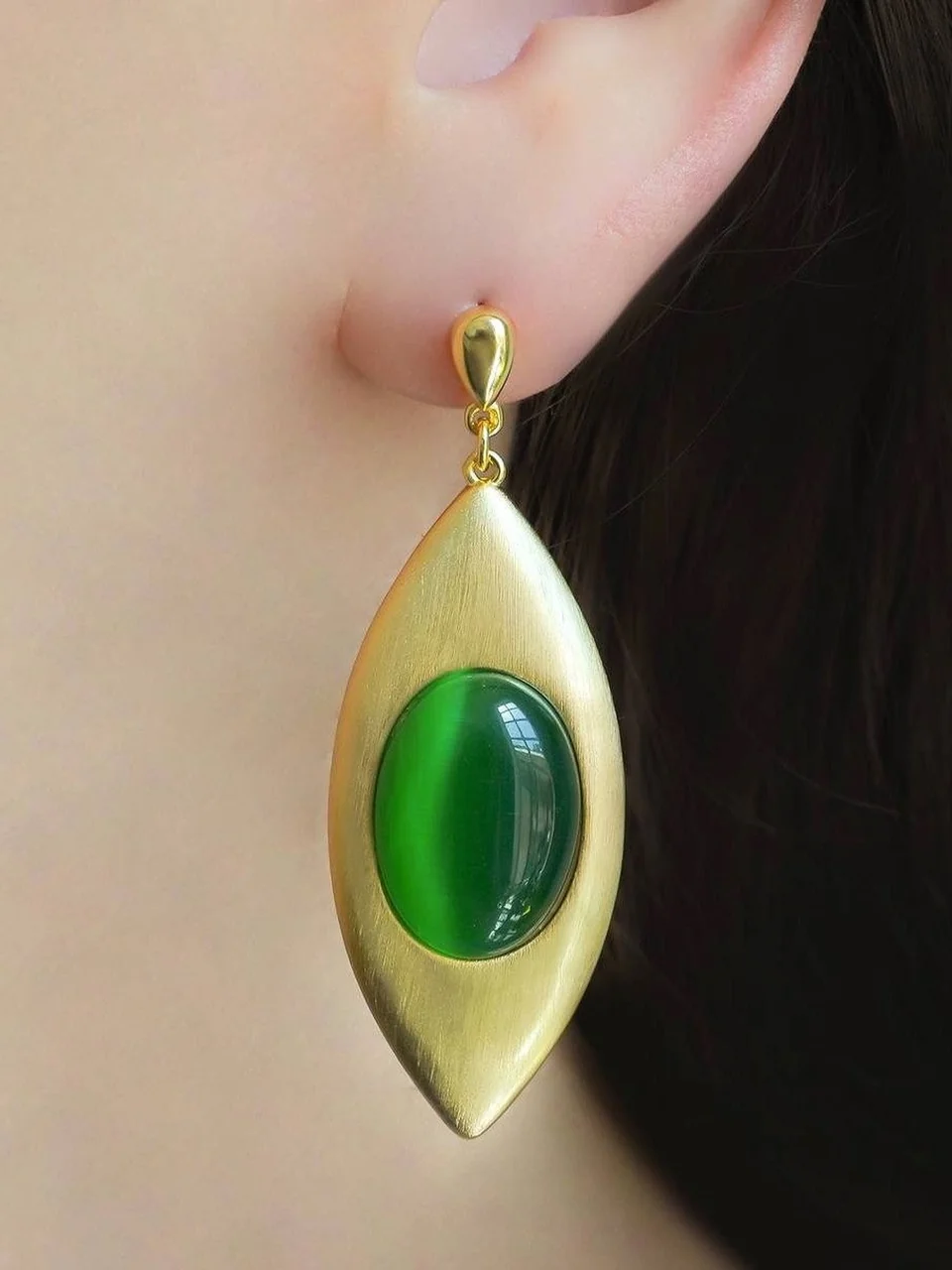 Серьги бижутерия с кошачьим глазом и линде, позолота 18K желтое золото, фото 4