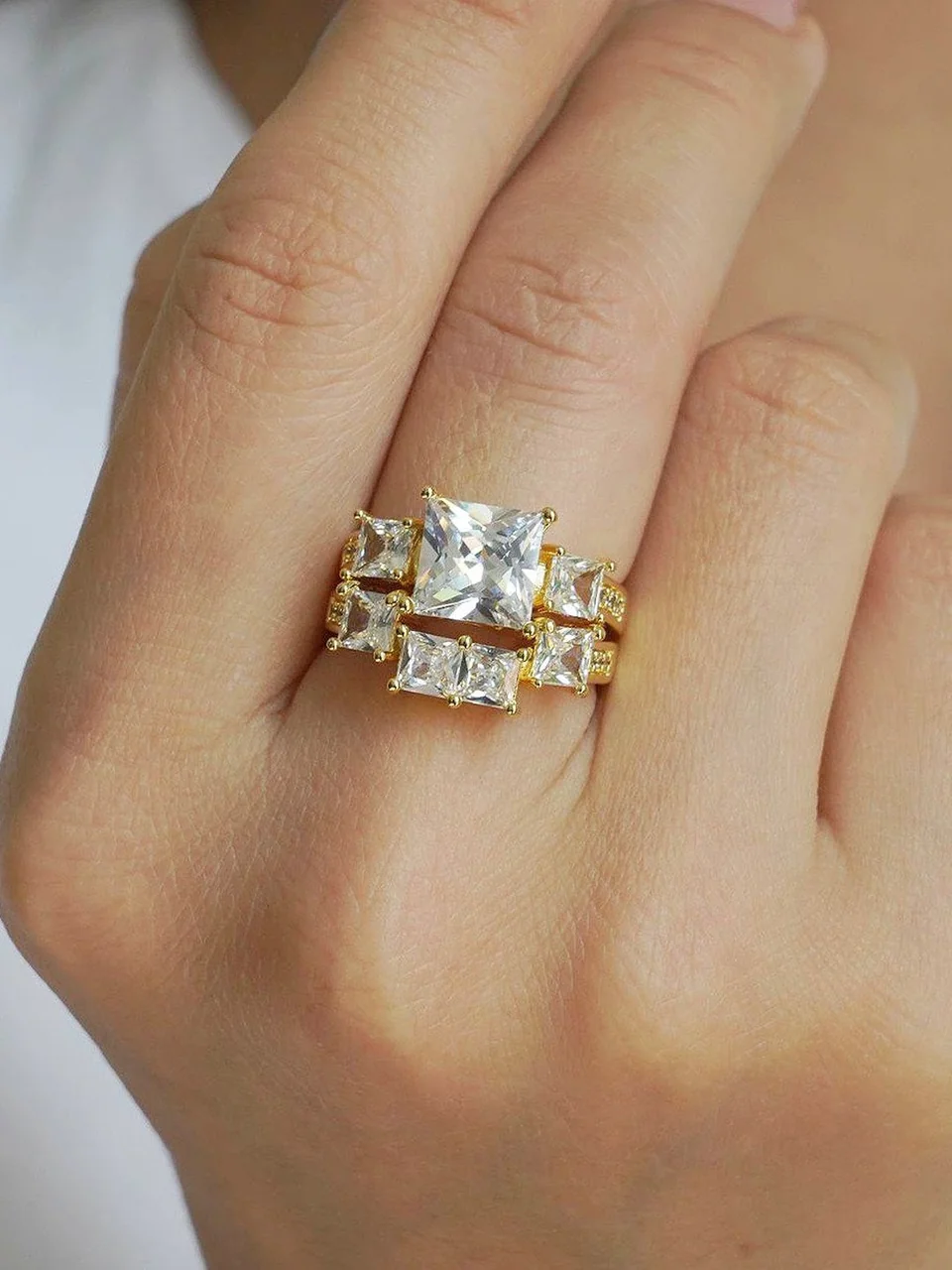 Кольцо бижутерия с фианитом, позолота 18K, фото 4