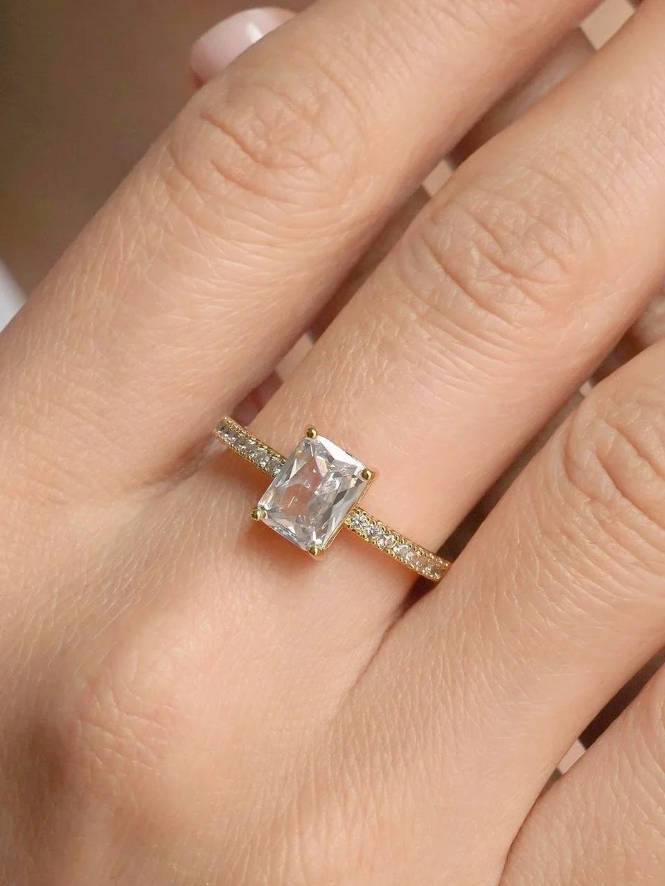 Кольцо бижутерия с фианитом, позолота 18K, фото 4