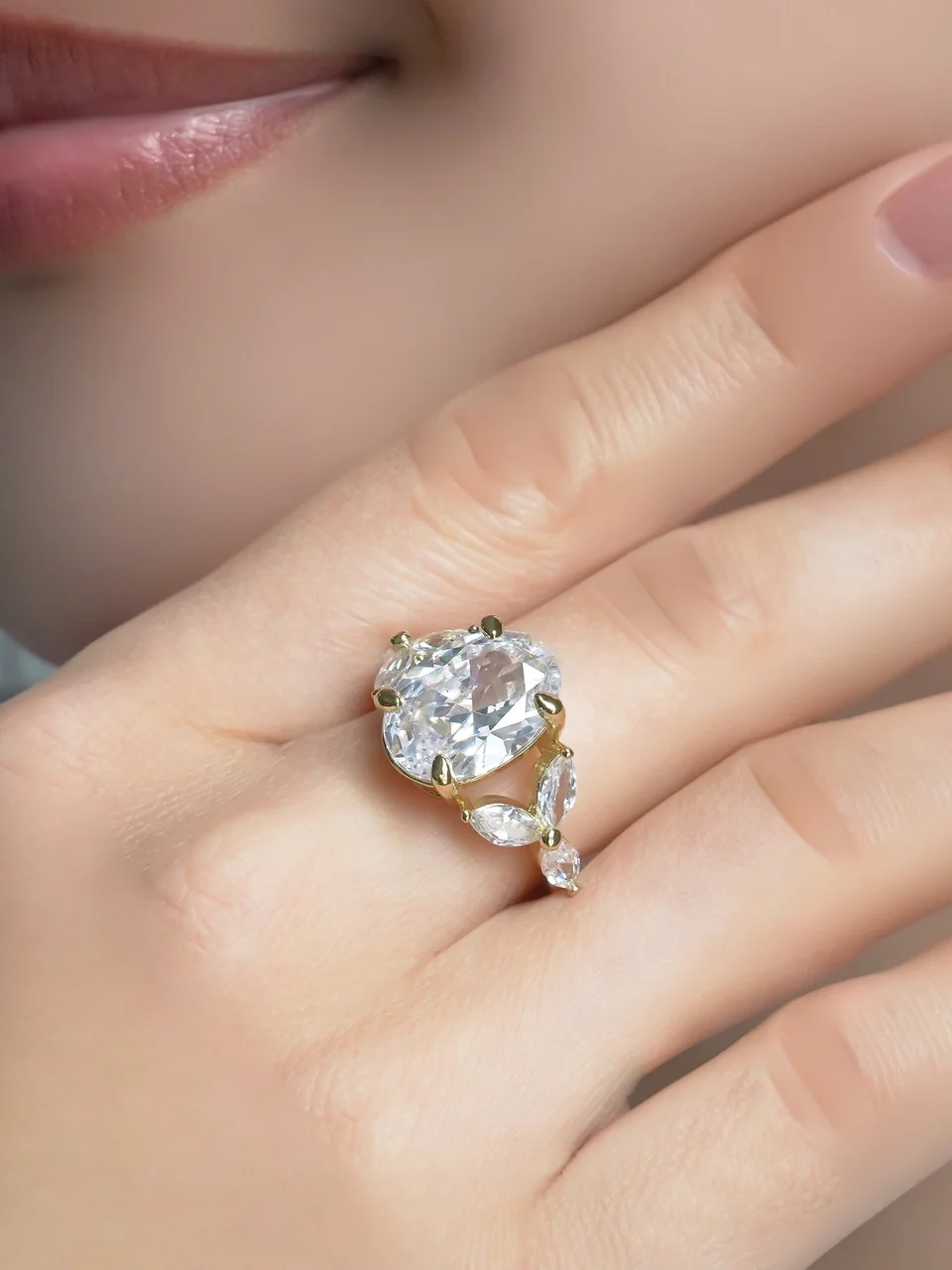 Кольцо бижутерия с фианитом, позолота 18K желтое, фото 4
