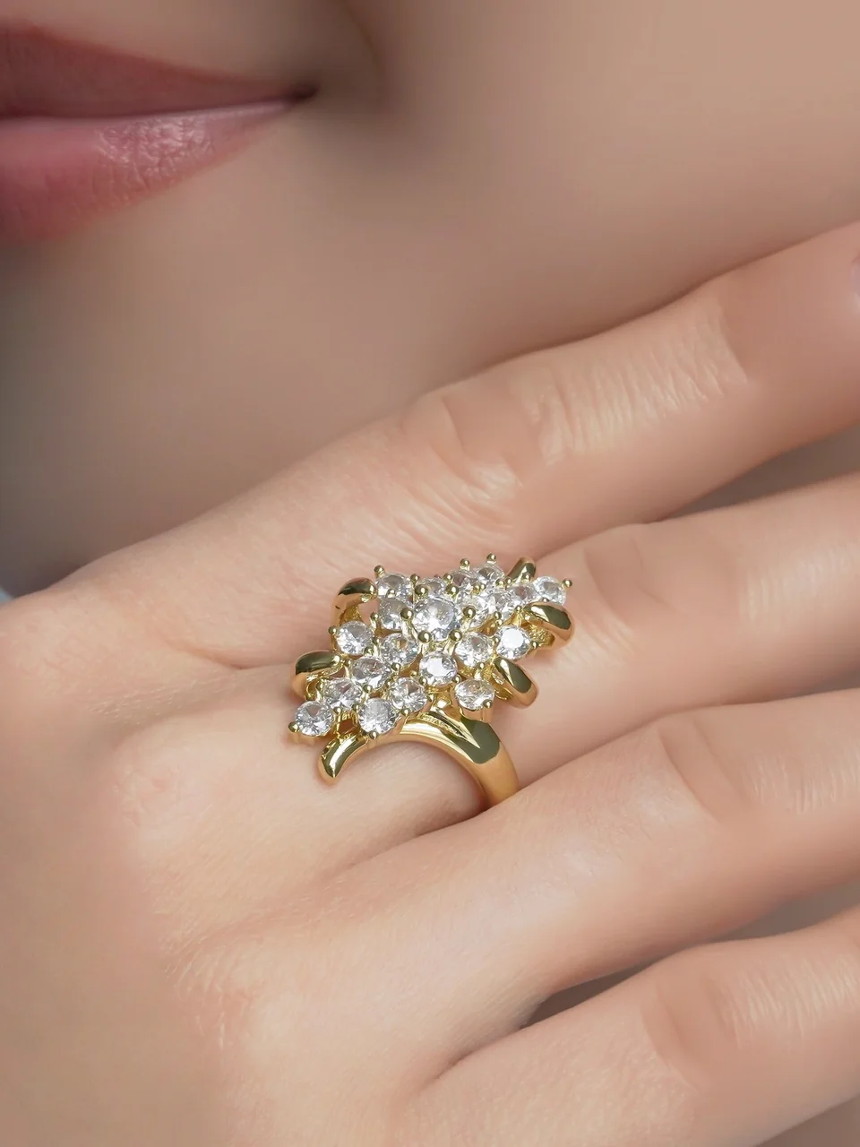 Кольцо бижутерия с фианитом, позолота 18K, фото 4
