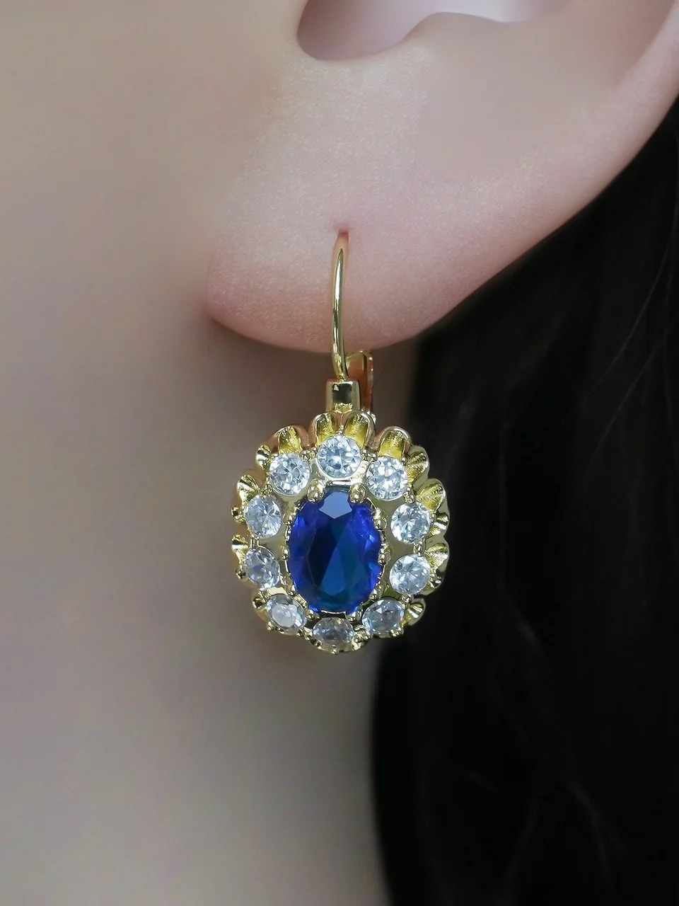 Серьги бижутерия с фианитом и кристаллом, позолота 18K, фото 4