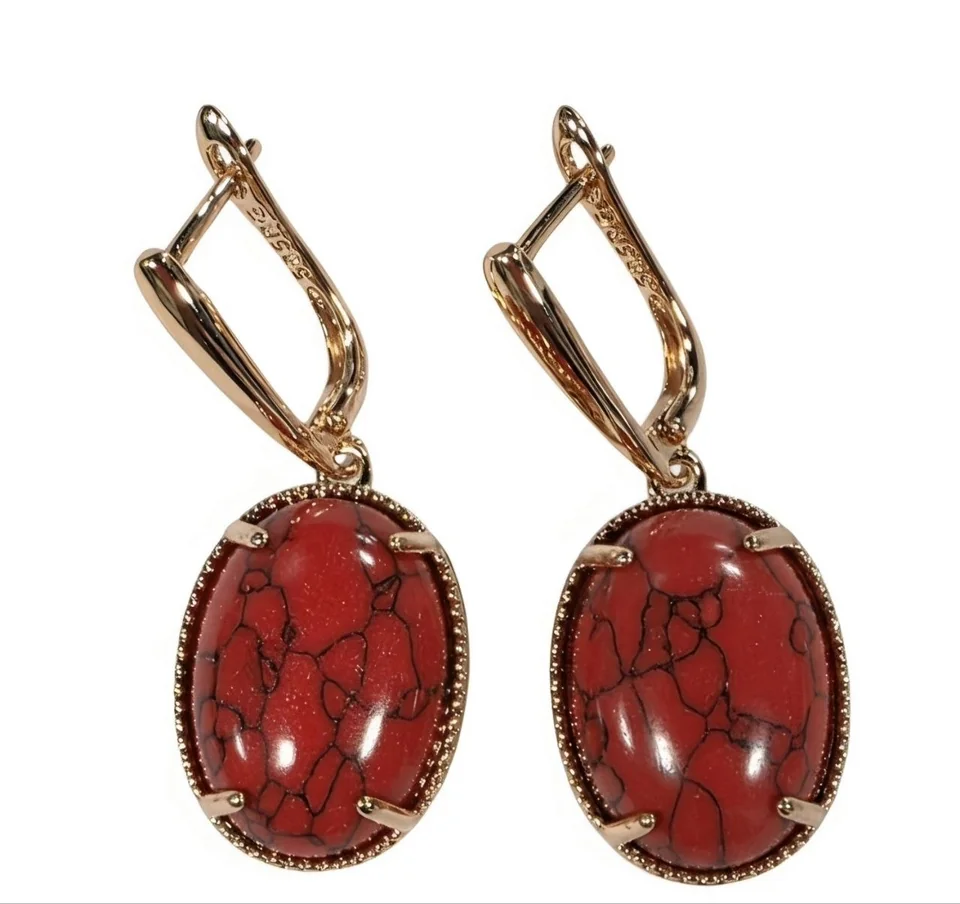 Серьги с красной бирюзой, бижутерия с розовой позолотой, фото 1