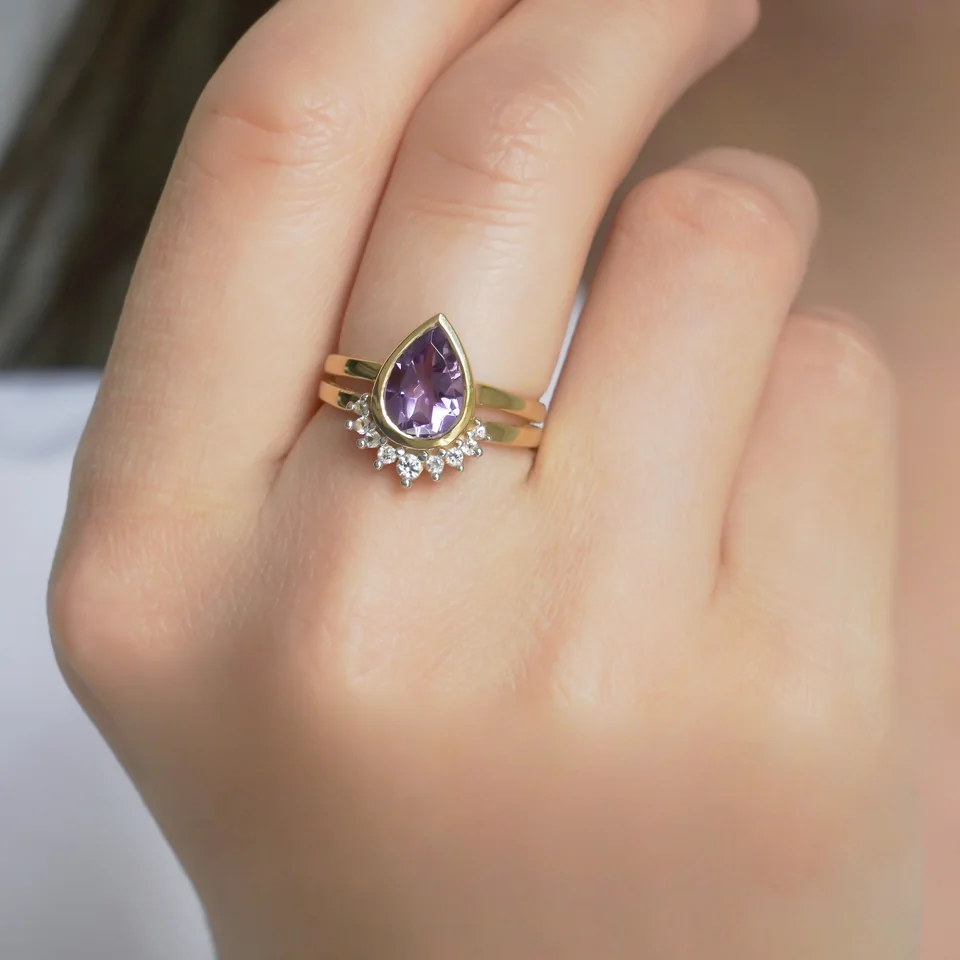 Uzuk Kumush 925 Braziliya Ametisti Oq Topaz (tilla yugurtirilgan), rasm 3