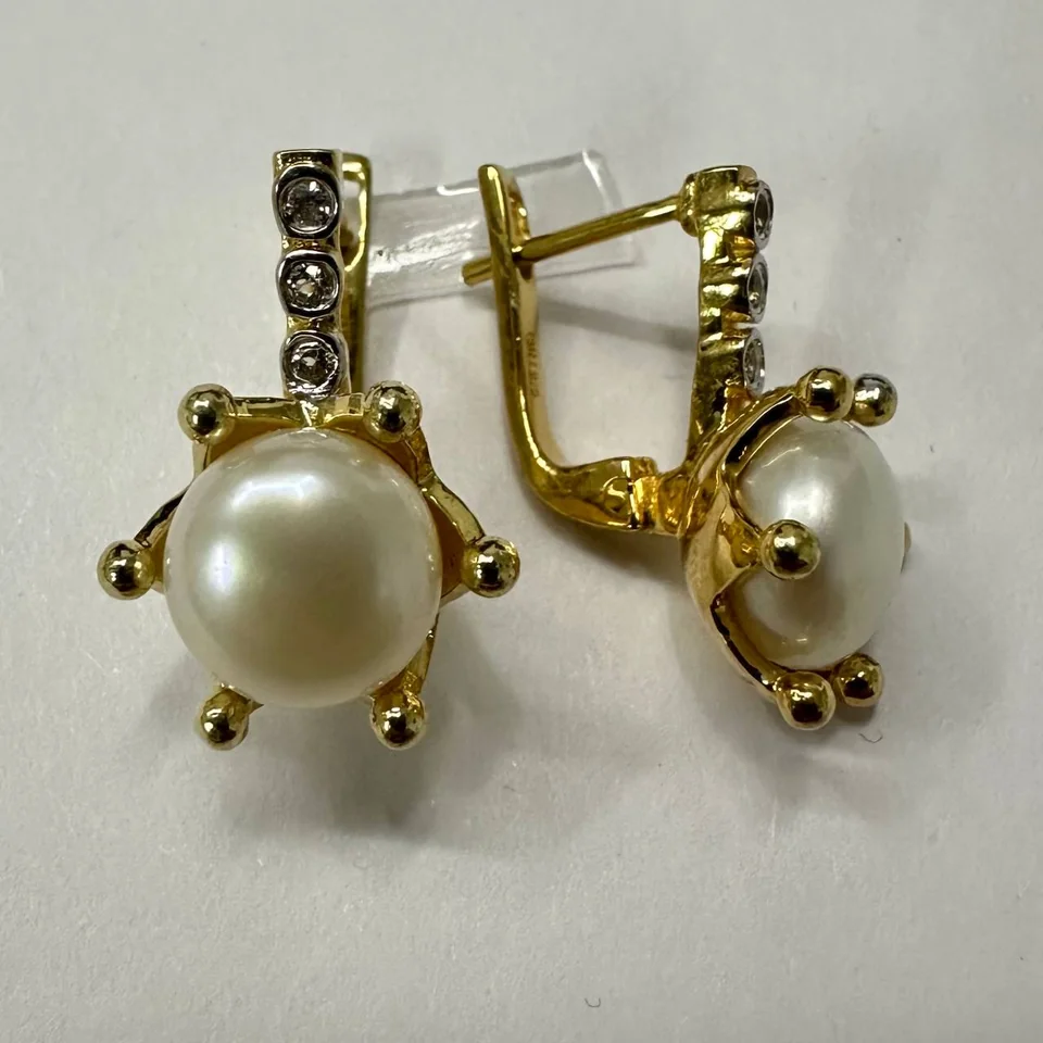 Серьги из серебра 925 с белым жемчугом и белым топазом, позолота, фото 1
