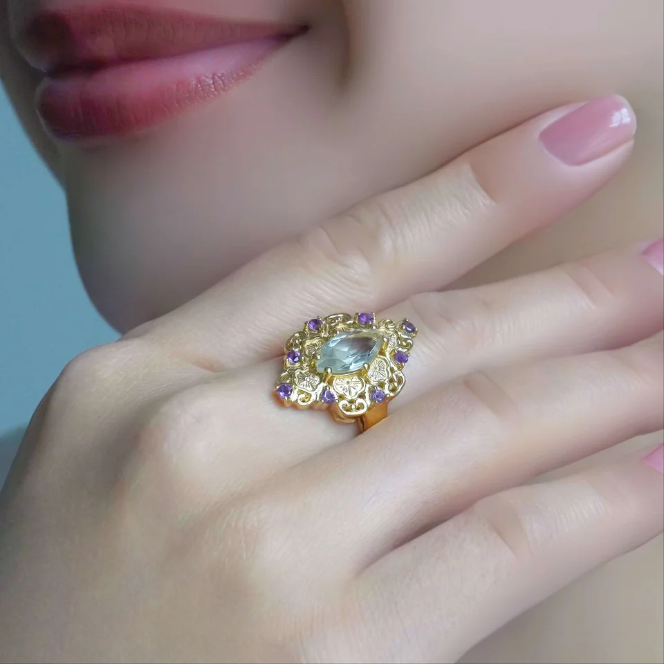 Кольцо из серебра 925 с зеленым аметистом и африканским аметистом, позолота, фото 4