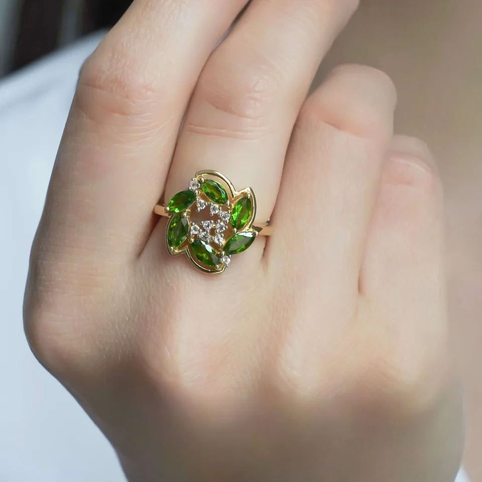 Кольцо из серебра 925 с хромдиопсидом и белым топазом, позолота, фото 4