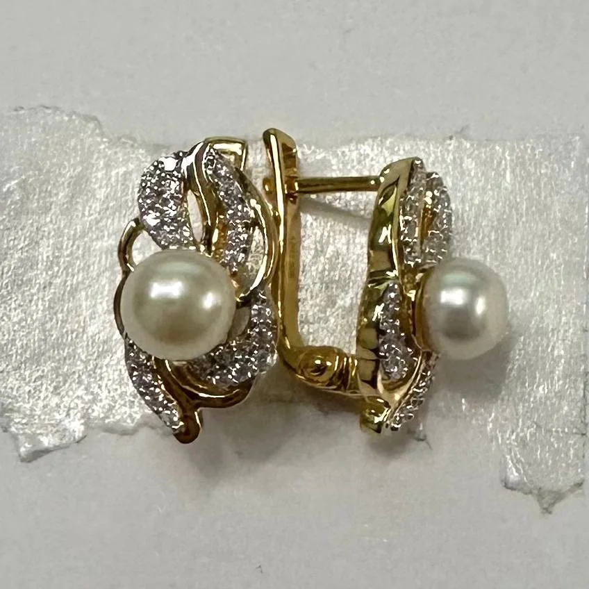 Серьги из серебра 925 с белым жемчугом, позолота, фото 4