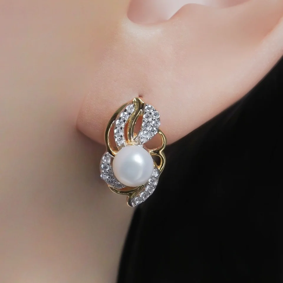 Серьги из серебра 925 с белым жемчугом, позолота, фото 5
