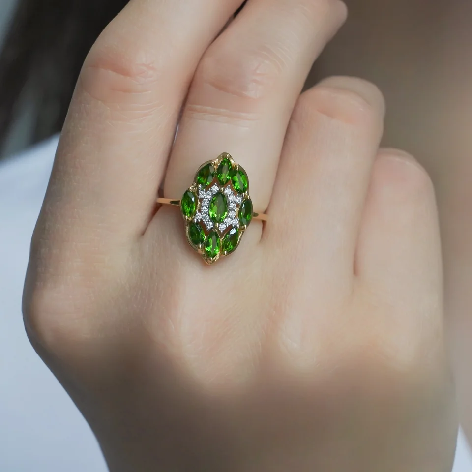 Кольцо из серебра 925 с хромдиопсидом, позолота, фото 4