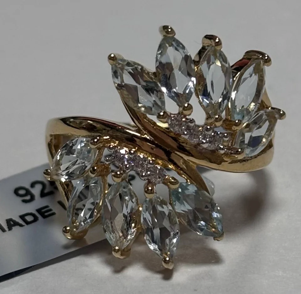 Uzuk Kumush 925 Sky Blue topaz Zirkon (Tilla yugurtirilgan), rasm 1
